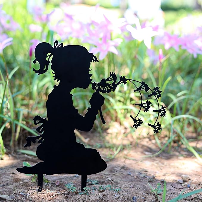 Dancing with Dandelions Garden Fairy - 9-Piece Metal Garden Statue Deals for Outdoor, Yard & Lawn - Whimsical Iron Fairy Sculptures Set (11.8 Inch) (Two Dandelion Girls)