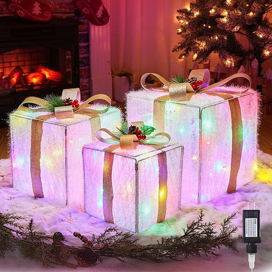 Set of 3 Christmas Decorations Lighted Gift Boxes with Bows，12" 10" 8" with 60 Pre-Lit Mini String Lights，Foldable LED Xmas Present Boxes for Tree Indoor Outdoor Holiday Party Yard Home Decor