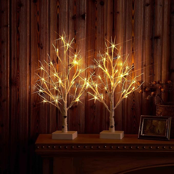 Fudios Lighted Birch Tree with Timer Battery Operated 18in Home Decor Tabletop, Pre lit Artificial Birch Trees with 24 LED for Wedding Christmas Party