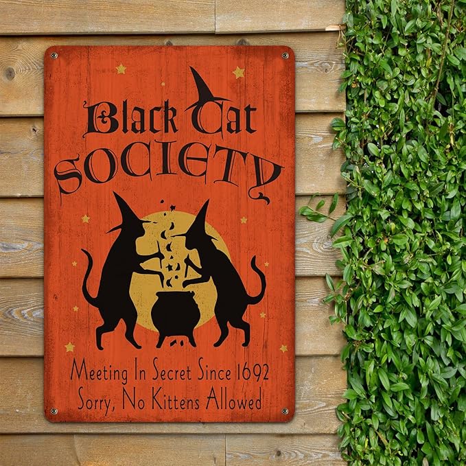 Halloween Decor Black Cat Society Witch Halloween Gothic Decormetal Sign Vintage Tin Sign Party Decoration 8X12 Inch