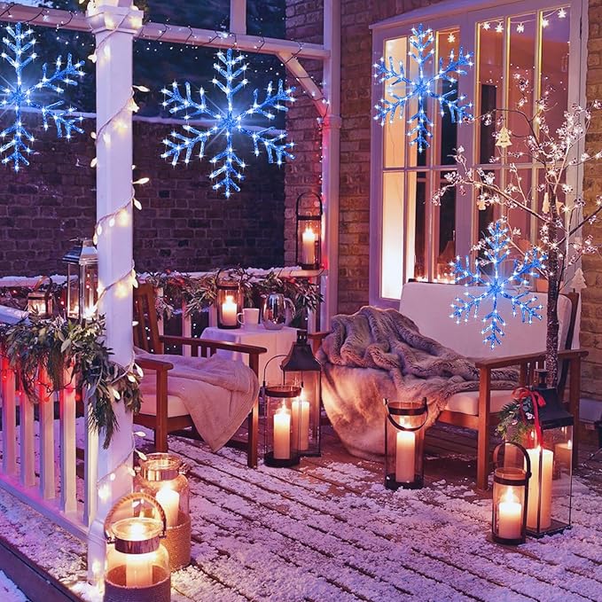 Christmas Window Snowflake Lights Decorations, Battery Operated Led Hanging Iron Lights, 8 Lighting Modes for Home Bedroom Indoor Outdoor Wall Holiday Decor (Blue, 4 Pack)