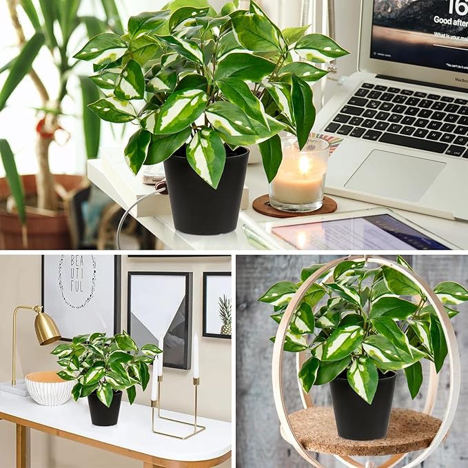 Oairse Artificial Plants Indoor Small Fake Plants in Pots Faux Pothos N‘ Joy Potted Plant Fake Indoor Plants with Black Pots for Bathroom Living Room Office Desk Shelves