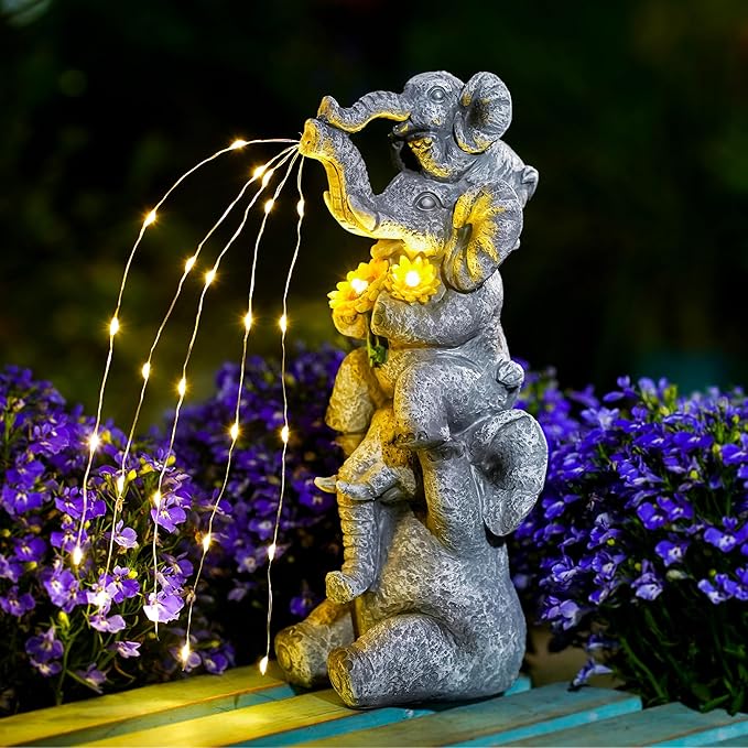 Solar Garden Decor Elephant Statue Outdoor, Luck Triple Elephant Decorations for Yard Porch Lawn Patio - Ideal Gifts for Women Mom Grandma Senior Elder or Birthdays 12"