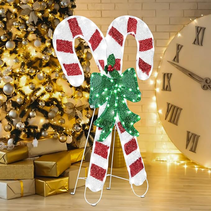 Christmas Candy Cane Lighted Decoration Christmas Lighted Crossed Candy Canes with Holly Berries Pre-Lit Decoration for Xmas Home Pathway Lawn Party Display