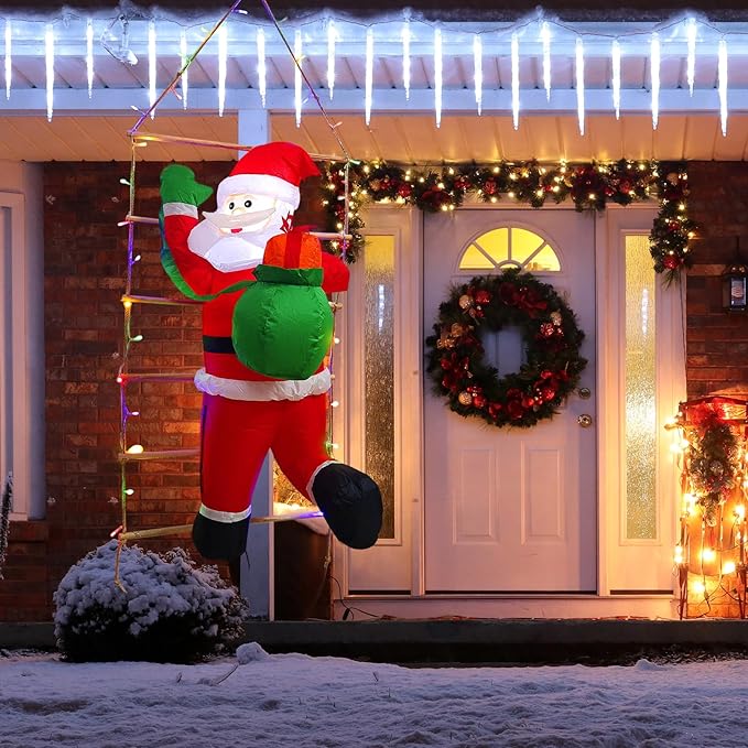 5 Ft Hanging Christmas Inflatables Decorations Santa Claus Climbing Decor - Hanging Santa with Gift Bag & Built-in LED Lights for Xmas Party, Lawn, Garden, Roof, Window Holiday Display