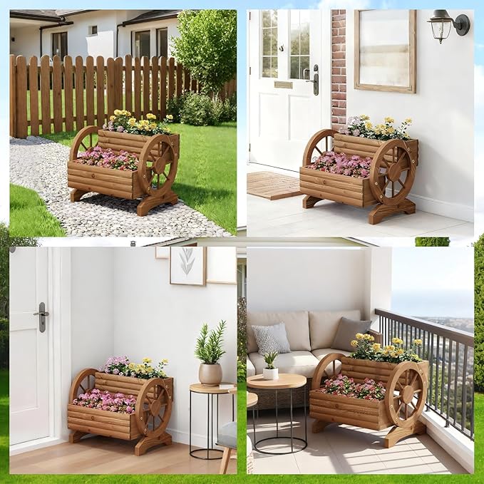 Wooden Wagon Planter Outdoor Flower Cart with Wheels Garden Planter, Decor Planter for Patio Balcony Decoration Succulent Flower Pot for Indoor Backyard Balcon Yard Decor planters for Outdoor Plants