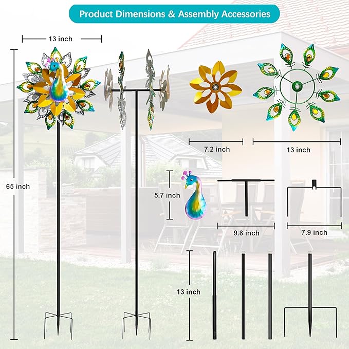 Outdoor Peacock Wind Spinners Featuring Glittering Gem Decor, 13.5" D x 65" H Double Layer Kinetic Wind Sculptures, 360° Rotatable Metal Garden Wind Spinners for Yard and Outdoor Decor Blue