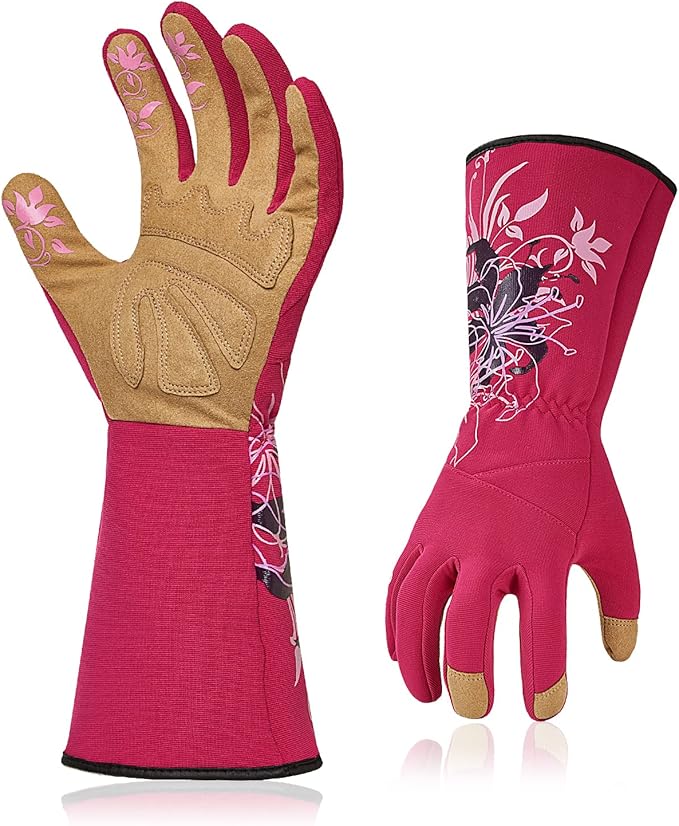 Vgo 1-Pair Ladies' Synthetic Leather Gardening Gloves, Long Sleeves Gauntlet, Breathable & Grip Work Gloves, High Dexterity, Washable (Size M, Red, SL7445)