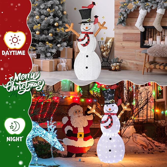 VINGLI 5FT Outdoor Snowman Christmas Decorations, Lighted Outdoor Snowman w/120 LED Lights, Tall Hat, Red Scarf, Ground Stakes, Zip Ties for Indoor, Yard, Outside Xmas Decor