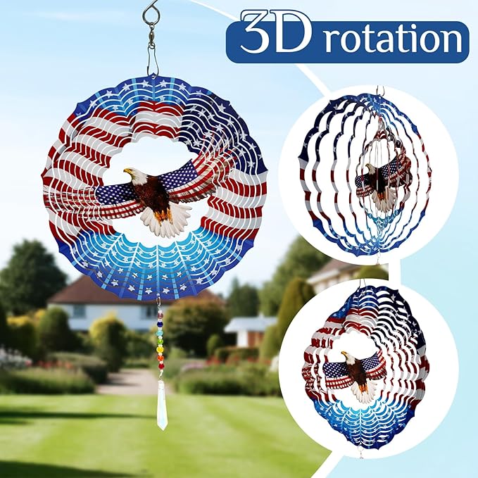 American Eagle Wind Spinner Crystal Tail, Marzovitra 10 inch 3D Stainless Steel Hanging Wind Spinner Metal Wind Catchers Kinetic Sculpture for Indoor,Outdoor Garden Decor,Yard Art