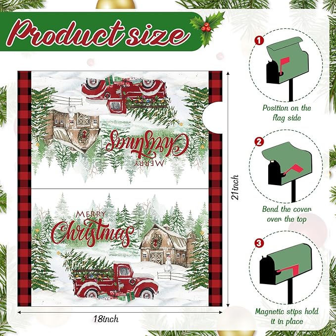 Blosssound Merry Christmas Magnetic Mailbox Cover Xmas Red Truck Mailbox Covers Decor Snowflakes Red Plaid Print Christmas Post Box Standard Size 21 X18 Inch Garden Yard Outdoor Decoration