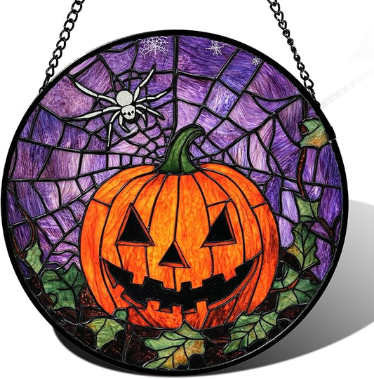 Stained Glass Window Hanging Halloween Golden Horror Pumpkin 9.8" - Suncatcher Door Garden Sunroom Black Spider Web Sun Catcher Birthday for Friend Mom Men Woman Nana