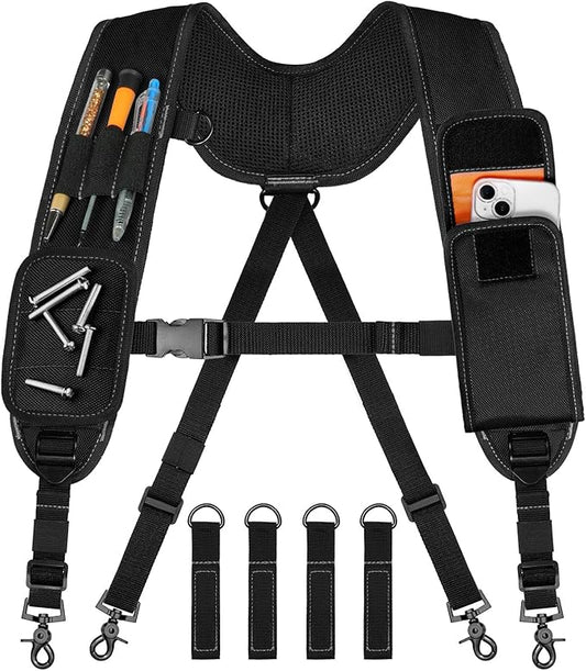 Tool Belt Suspenders, Tool Bag Suspenders, Work Belt Suspender with Magnetic Wristband and Loop Attachment, Padded Construction Suspender for Carpenter, Electrician, Framer, Black