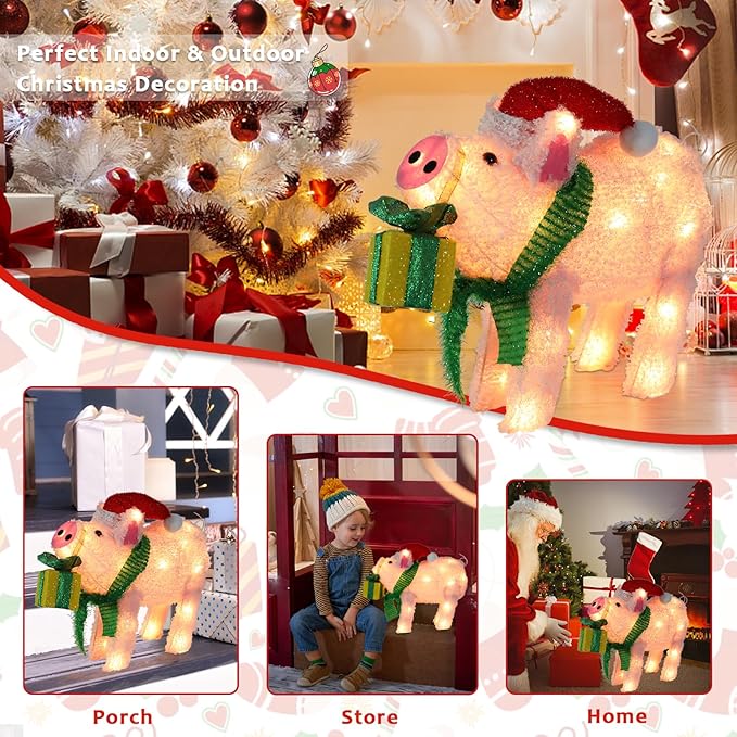 Christmas Lighted Pig Decoration 3D Glittered Fluffy Piggy with Gift Box Battery Operated Lighted Up Ornament Outdoor Indoor Christmas Decoration for Home Lawn Yard Garden Display