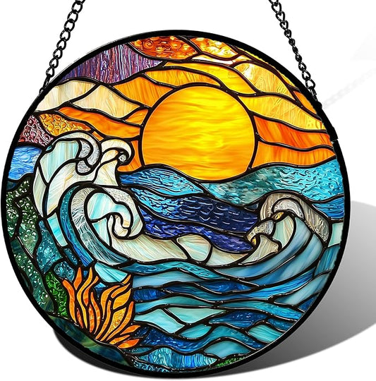 Stained Glass Window Hanging, Orange Sun Blue Sea Waves Landscape Suncatcher for Doors Window Home Sun Catchers Decor Mother's Day Birthday Gifts for Women, Men Mom 7.8 in