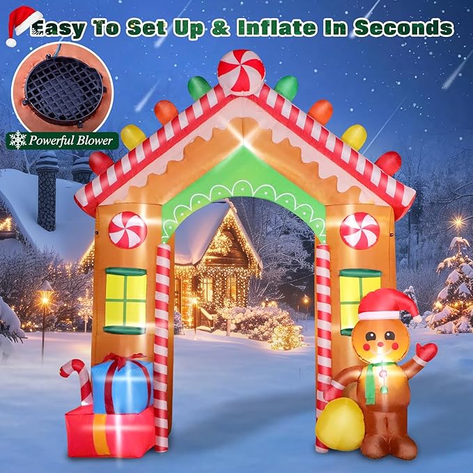 FunFanso 9 FT Christmas Inflatables Archway Outdoor Decorations, Gingerbread Man House Arch Blow Up Yard Decoration with Colorful Gift Boxes, Built-in LED Lights for Garden Porch Xmas Party Decor