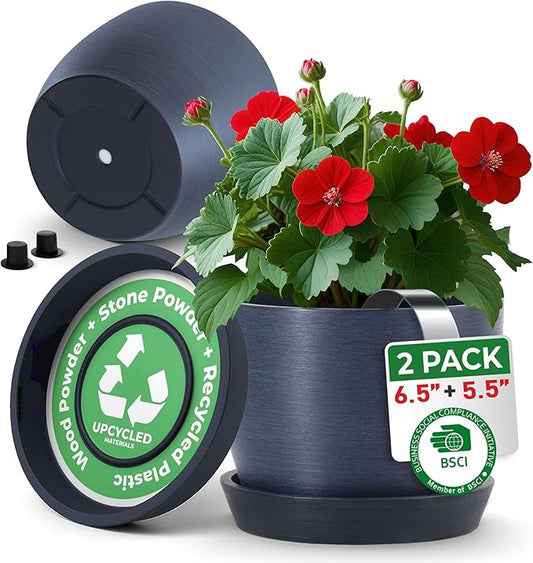 UNBREAKABLE Plant Pots Set of 2, Advanced Eco-Poly Planters with Drainage & Saucers, 6.5" + 5.5" Plastic Pots - Designer Indoor & Outdoor Décor and a Great Gift for Plant Lovers - Pacifica Wave Blue