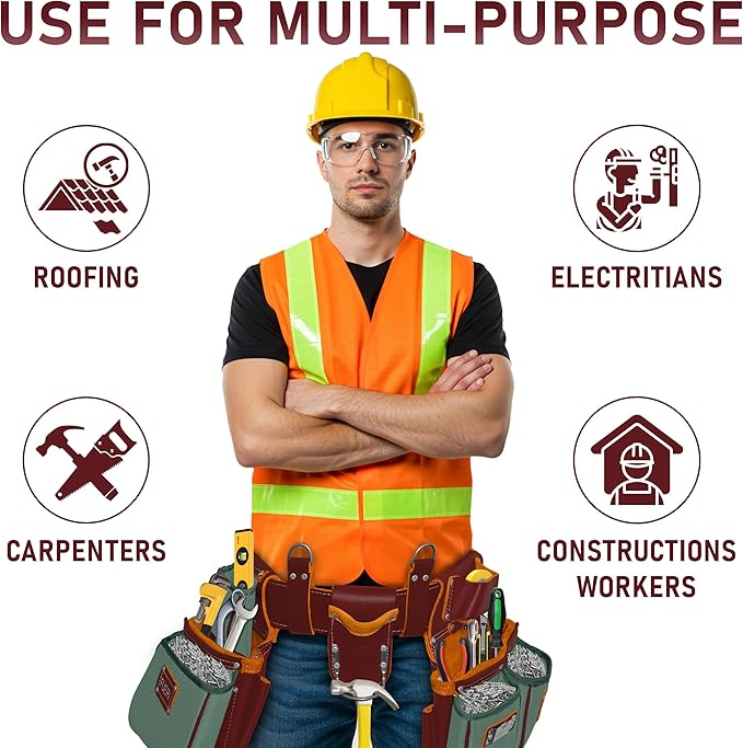 Fueri Electrician's Heavy Duty Tool Belt for Men, Made of Thick Leather and Durable Nylon, Comes with Adjustable Padded Tool Belt, Storage Capacity Tool Pouches, Hammer Holder, And Suspender Loops.
