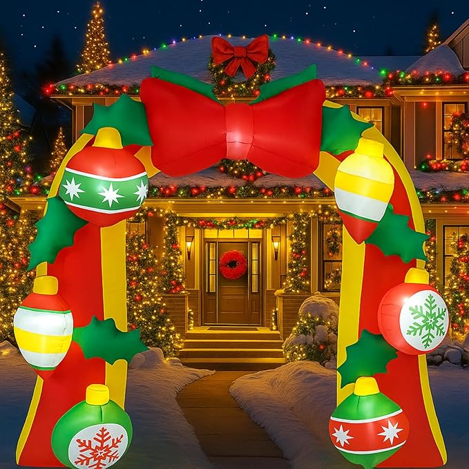 Leyndo 8FT Bow Christmas Inflatable Arch Archway Outdoor Decorations with LED Lights Built-in Giant Inflatable Bow Christmas Arch Blow up Yard Decorations for Outside Garden Lawn Holiday Party Decor