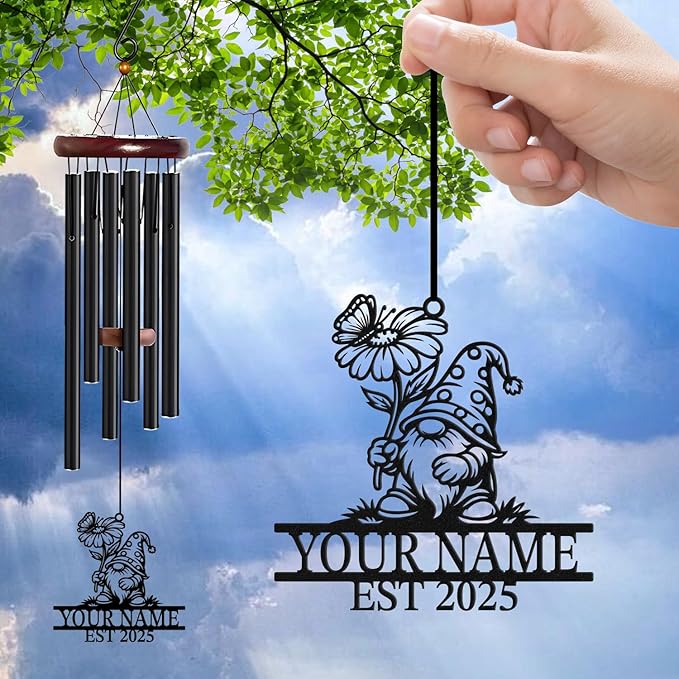 Personalized Customize Name Gnome Wind Chime, Metal Iron 37 Inch Outdoor Memorial Gift for Garden Yard Patio Home Decor, Black，Christmas (Style A)