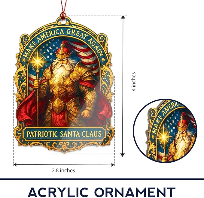Patriotic Santa Ornament – American Flag Armor – USA Christmas Décor | Veteran Ornament Christmas Ornament 2025 – Suncatcher Effect Stained Glass Window – Car Hanging