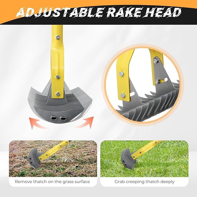 Thatch Rake, 19-Tine Lawn Leveling Dethatcher Rake with Long Adjustable Steel Metal Handle, 55“ Gardening Tools for Loosen The Soil,Laying Sod, Removing Thatch and Cleaning Leaves