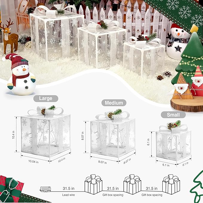 Set of 3 Christmas Lighted Gift Boxes,Outdoor Christmas Decorations,Featuring Snowflake Decorations,Battery Operated Light Up Present Boxes for Christmas Trees Indoor Outdoor Home Yard Lawn Decor