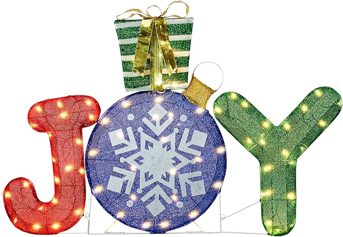 Lighted Christmas Joy Outdoor Decoration 3D Joy with Gift Box Glittered Lighted Up Standing Ornament Outdoor Indoor Christmas Decoration for Home Lawn Yard Garden Display