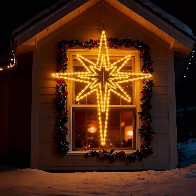 Outdoor Christmas Star of Bethlehem Large LED Star Window Plug Operated Lighted for Xmas Wall Window Indoor Outside Home Street Store Holiday Decorations(50'',Warm Light)
