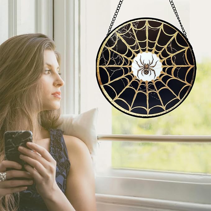 Stained Glass Window Hanging - Black Gold Spider Suncatcher for Door Terrace Garden Home Decor Halloween Sun Catcher Christmas Birthday Gifts for Lovers Women Men Dad Mom Nana 11.8 in