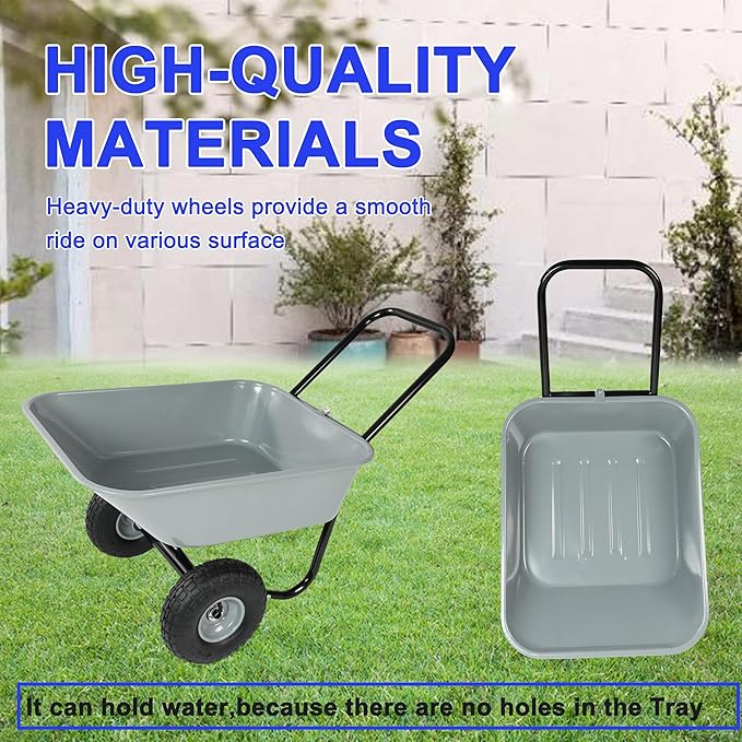 Metal Wheelbarrow, Easy Loading and Dumping Garden Cart with Steel Tray, Durable Heavy Duty Utility Trolley for Transporting, Soil, Sand (Gray, 2 Wheels)