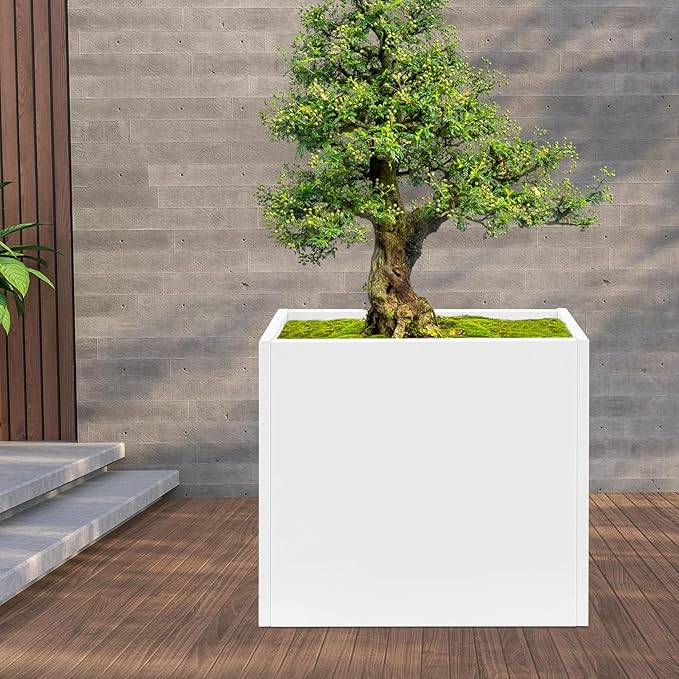 Metallic Heavy Planter Box, Large Metal Planter with Removable Insert Shelf for Outdoor/Indoor, Tall Trees, Plants, Flowers, Easy Assembly (White, 28 * 12 * 28inch)