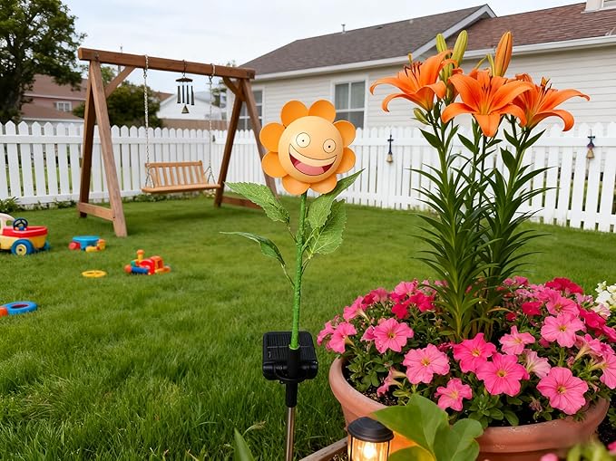 Single Pack Personified Bobble Face Wind Spinners Sunflower Solar Light Outdoor with Funny Smiling Face - Garden Decor Gift, Waterproof Auto-On/Off Pathway, Lawn, Yard Stake Light for Decorations