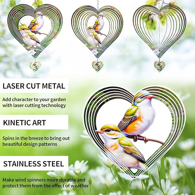 3D Hummingbird Heart Wind Spinner for Outdoor Decor, Stainless Steel Hanging Wind Sculpture, Garden Gifts for Mom, Mother’s Day, Rustproof Metal Yard Art for Patio, Porch, and Bird Lovers