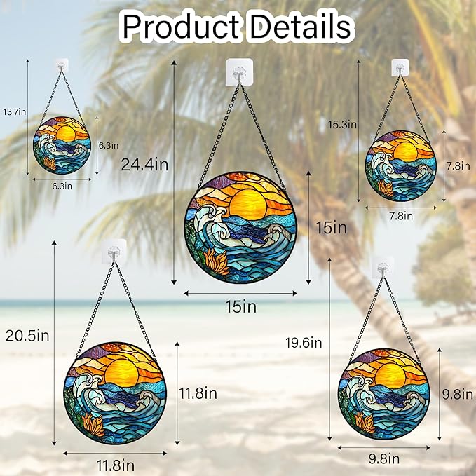 Stained Glass Window Hanging, Orange Sun Blue Sea Waves Landscape Suncatcher for Doors Window Home Sun Catchers Decor Mother's Day Birthday Gifts for Women, Men Mom 11.8 in
