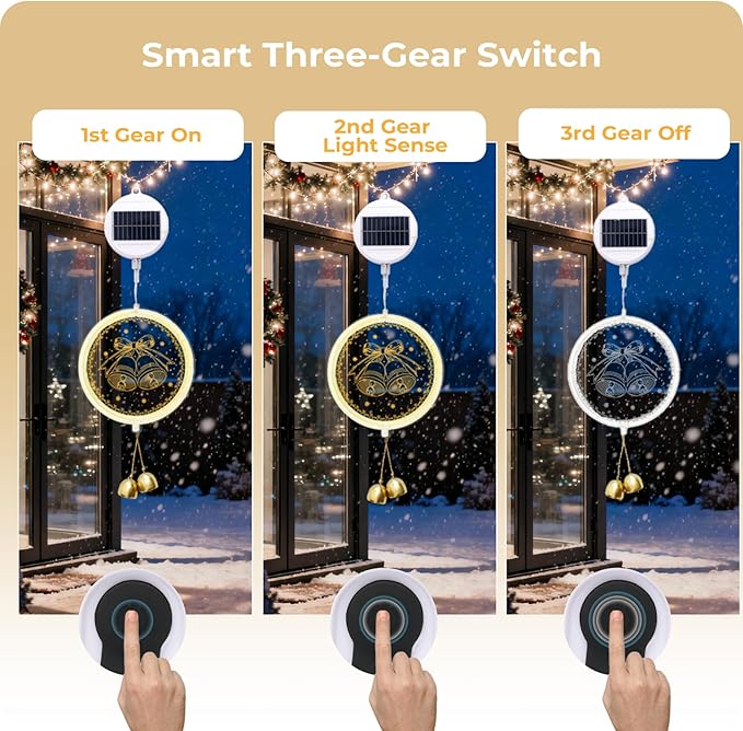 Solar Hanging Lights - Outdoor Indoor Christmas Decorations for Window, Garden, Patio, Porch,Holiday Home Decor, (Jingle Bell)