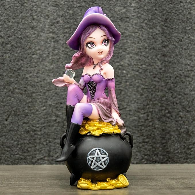 Fairy Figurine Purple Witch Sitting in a Money Can - Holding a Magic Crystal Ball Home Decor Halloween/Christmas Decoration Magician Themed Collectibles Mysterious Divination Gifts