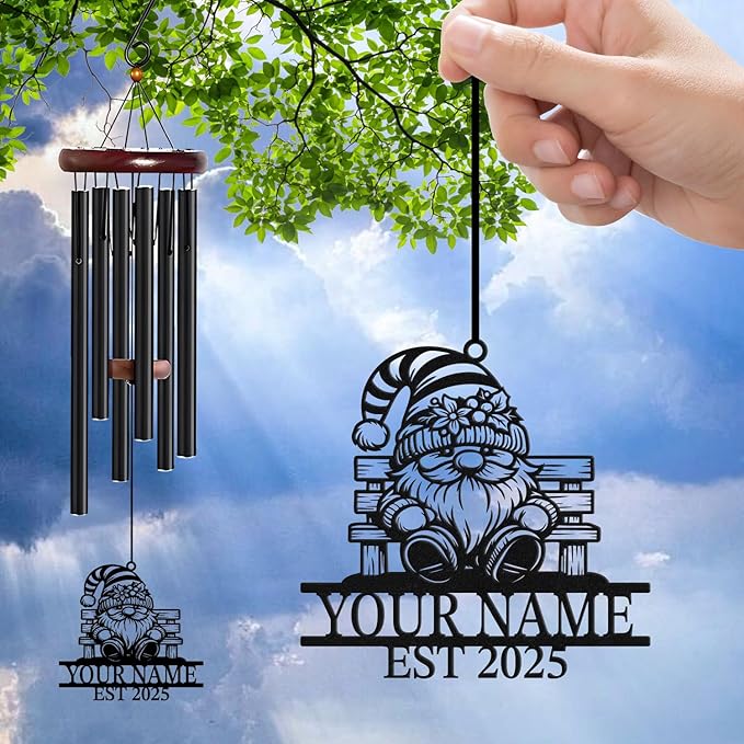 Personalized Customize Name Gnome Wind Chime, Metal Iron 37 Inch Outdoor Memorial Gift for Garden Yard Patio Home Decor, Black，Christmas (Style C)