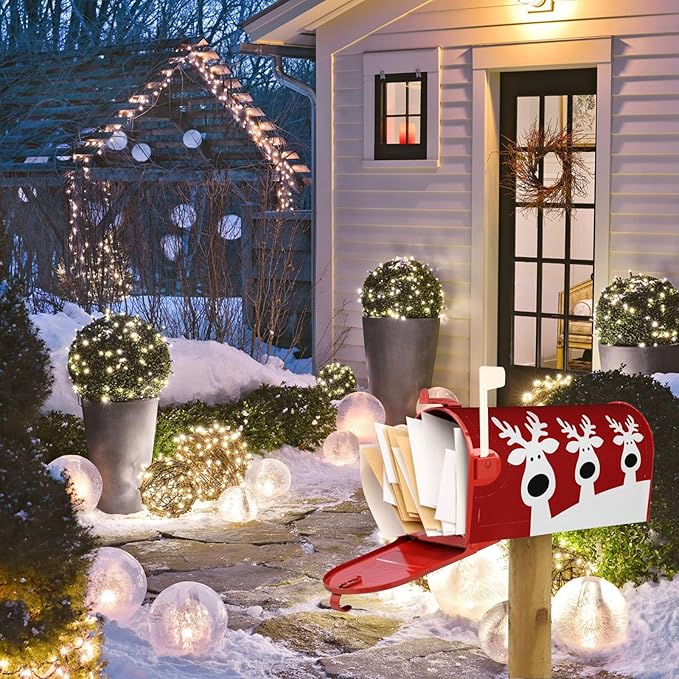 Christmas Reindeer Mailbox Cover, Xmas Elk Post Letter Red Large Size Magnetic Mailbox Cover, New Year 25.1" Lx 21" W Holiday Waterproof Outdoor Mail Wraps for Garden Yard