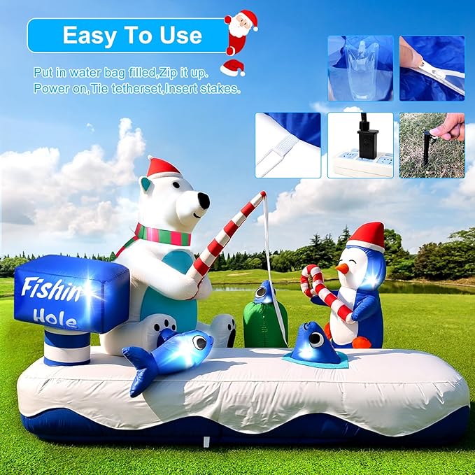 7FT Giant Inflatable Christmas Decor,Cute Polar Bear Fishing with Penguin, Holiday Party Decor,Outdoor Blow Up Yard Decoration with Built-in LED Lights for Xmas, Garden, Lawn