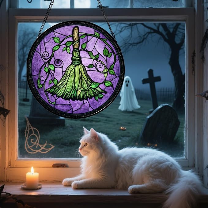 Stained Glass Window Hanging - Halloween Decorations Witch Magic Broom Suncatcher for Doors Garden Indoor Funny Spooky Sun Catchers Gothic Decor Horror Gifts for Women Men Friend 6.3 in
