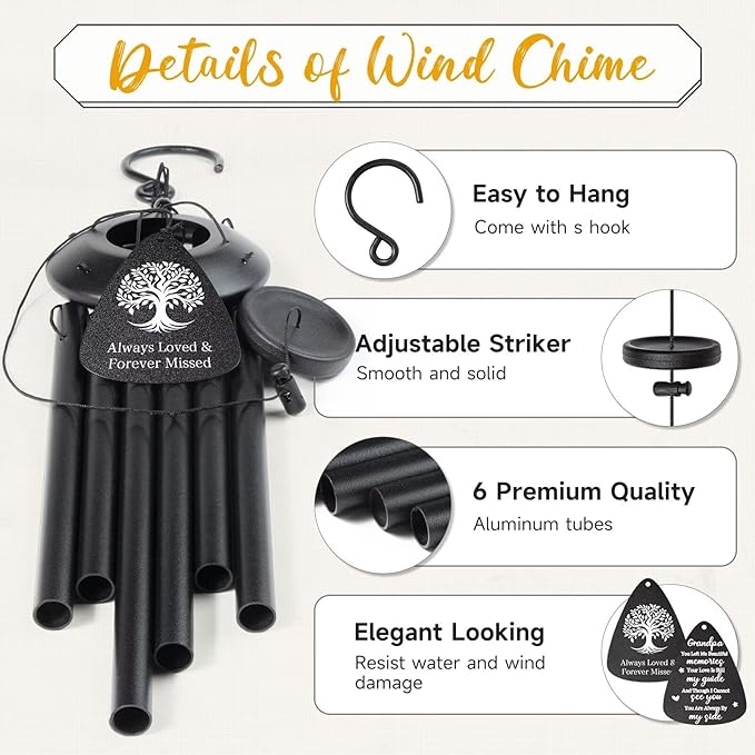 Memorial Gifts for Loss of Grandpa, 25''Memorial Wind Chimes of Sympathy Gifts for Loss of Grandpa,Condolence/Bereavement/Remembrance Gift,Windchimes in Memory,Funeral Decor for Garden Outside,Black