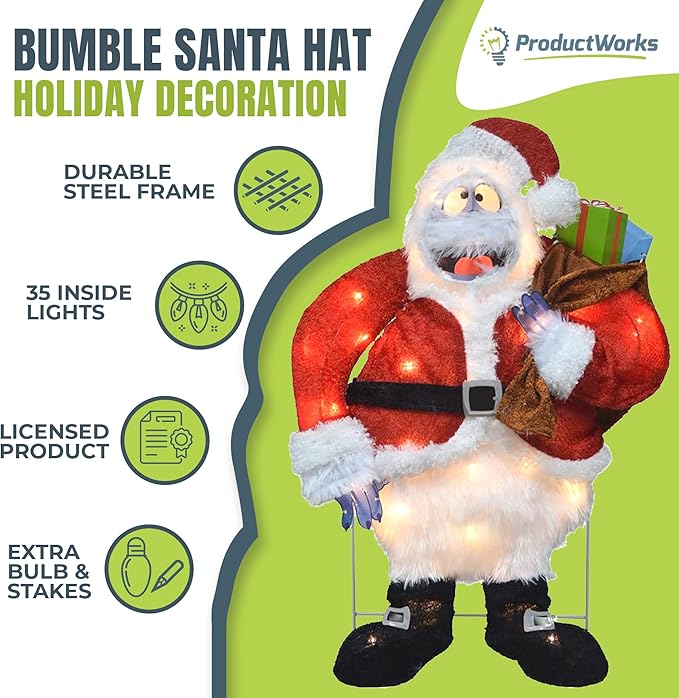 ProductWorks 24 Inch Santa Bumble The Abominable Snow Monster Indoor/Outdoor Christmas Yard Ornament, Holiday Display with 35 Clear LED Lights
