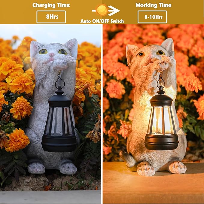 Solar Cat Garden Statue - Outdoor Cat Statues with Lantern Lights for Garden Yard Art Lawn Ornaments Porch Patio Balcony Home House Gardening Gifts for Women Grandma Mom