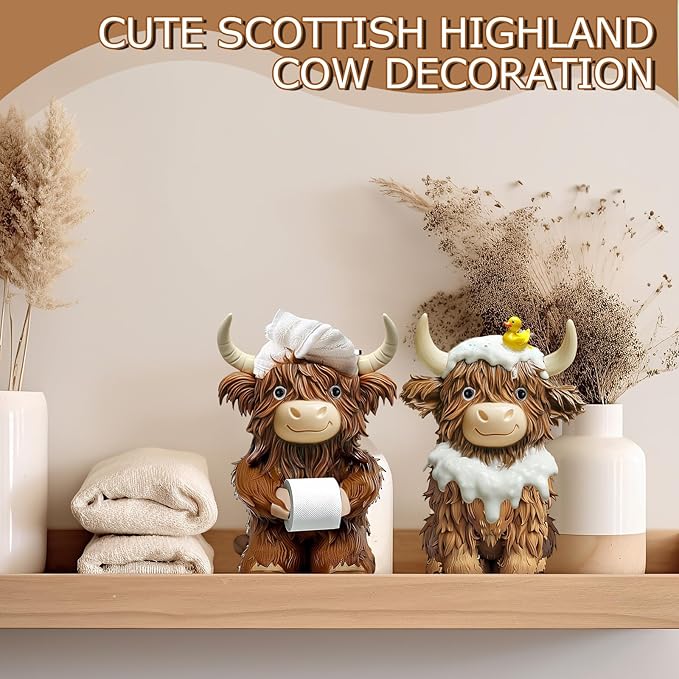 2 Pcs Highland Cow Bathroom Figurines Bathroom Theme Highland Cow Christmas Gnomes Bath Resin Statue Calf Gifts for Christmas Farmhouse Home Garden Kitchen Office Tiered Tray Table Decor