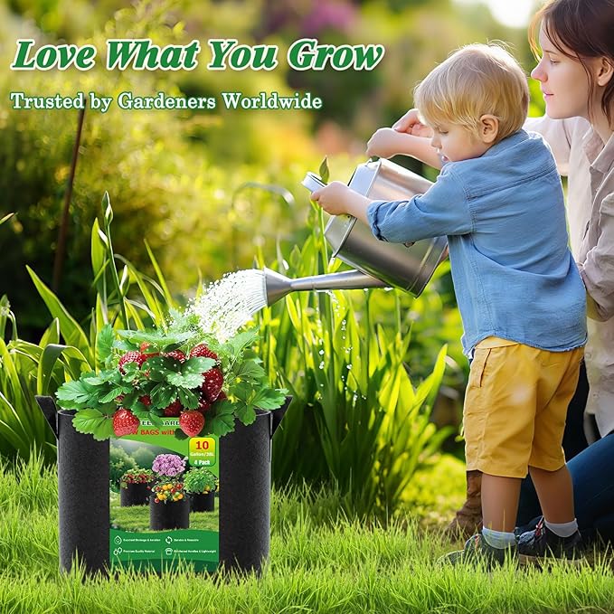 FEED GARDEN 10 Gallon Grow Bags – 4 Pack Heavy Duty Nonwoven Fabric Pots for Vegetables, Tomatoes, Herbs – Breathable Reusable Plant Containers for Indoor & Outdoor Gardening