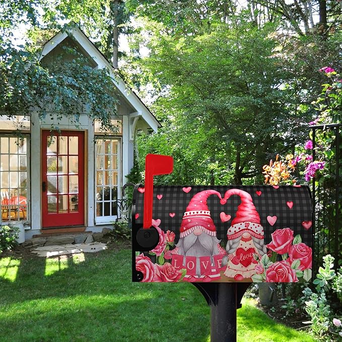 Valentine's Day Gnomes Magnetic Mailbox Cover - Love Hearts, Oversized Red Rose, Buffalo Plaid Humor Letter Post Box Wrap - Large Size 25.5 X 21 Inch