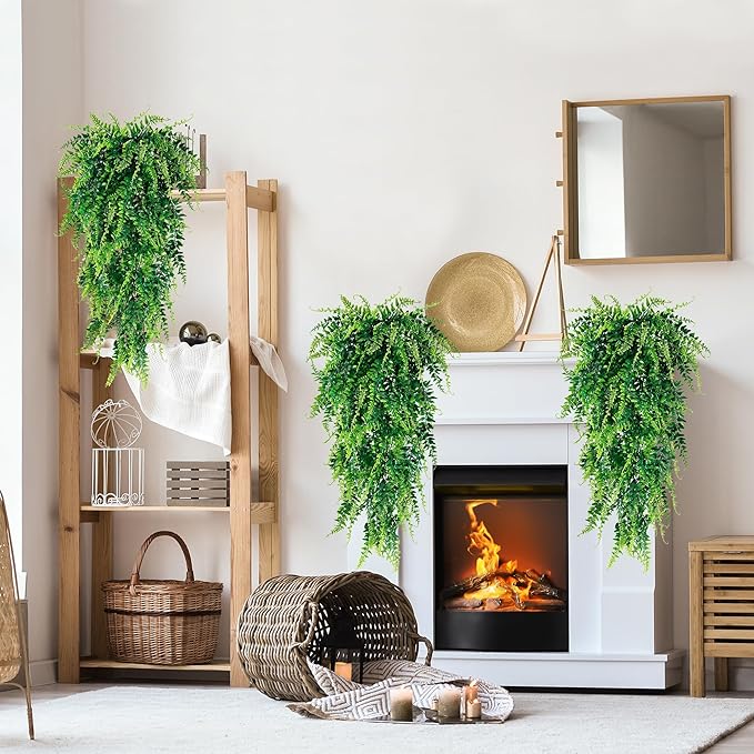 Sggvecsy 4 Pack Artificial Hanging Plants Fake Hanging Plant Faux Hanging Boston Ferns Fake Ivy Vines Greenery UV Resistant Plastic Plants for Indoor Outdoor Room Wall Wedding Patio Porch Decor