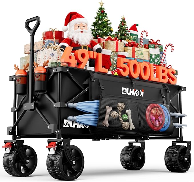 49" L Collapsible Extended Wagon with 500lbs Weight Capacity,300L Heavy Duty Sports Wagon,Big All-Terrian Wheels with Cup Holders,Cart for Sports,Grocery,Shopping