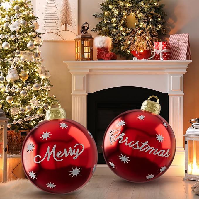 24 Inch Christmas Inflatable Balls, 2 Pcs Outdoor Decorative PVC Ball, Xmas Blow Up Jumbo Ball for Indoor, Giant Ornaments Outside Holiday Yard Lawn Decor (Merry Christmas)